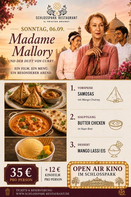 06.09., 20 Uhr, Weinheim Schlosspark, Madame Mallory und der Duft von Curry (Film+Essen)
